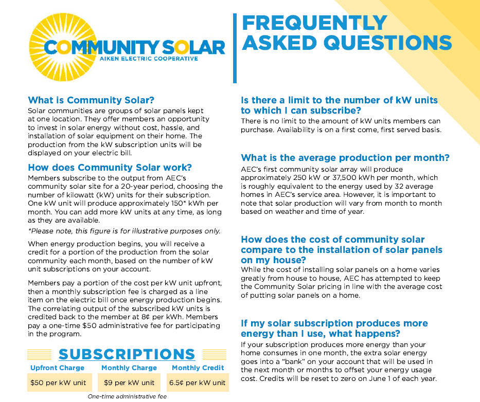 FAQ on community solar, how it works, information on solar production. 